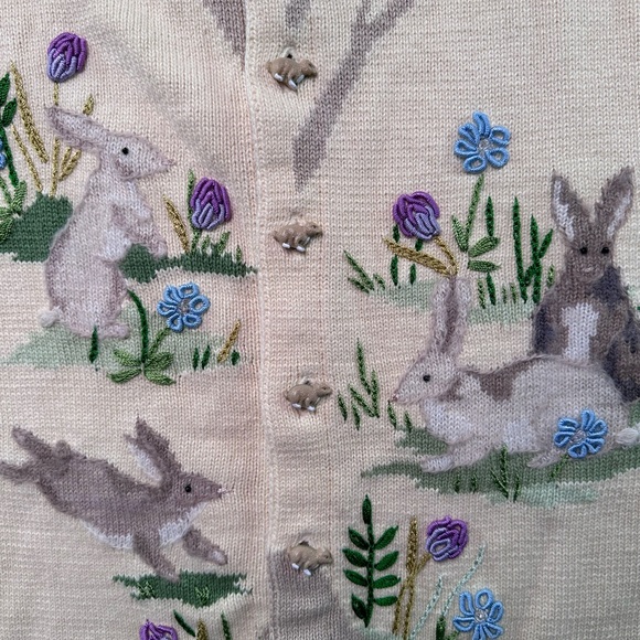 Storybook Knits Cream Cardigan with Green Leaf Appliqué Story Book Knits S - Picture 4 of 14